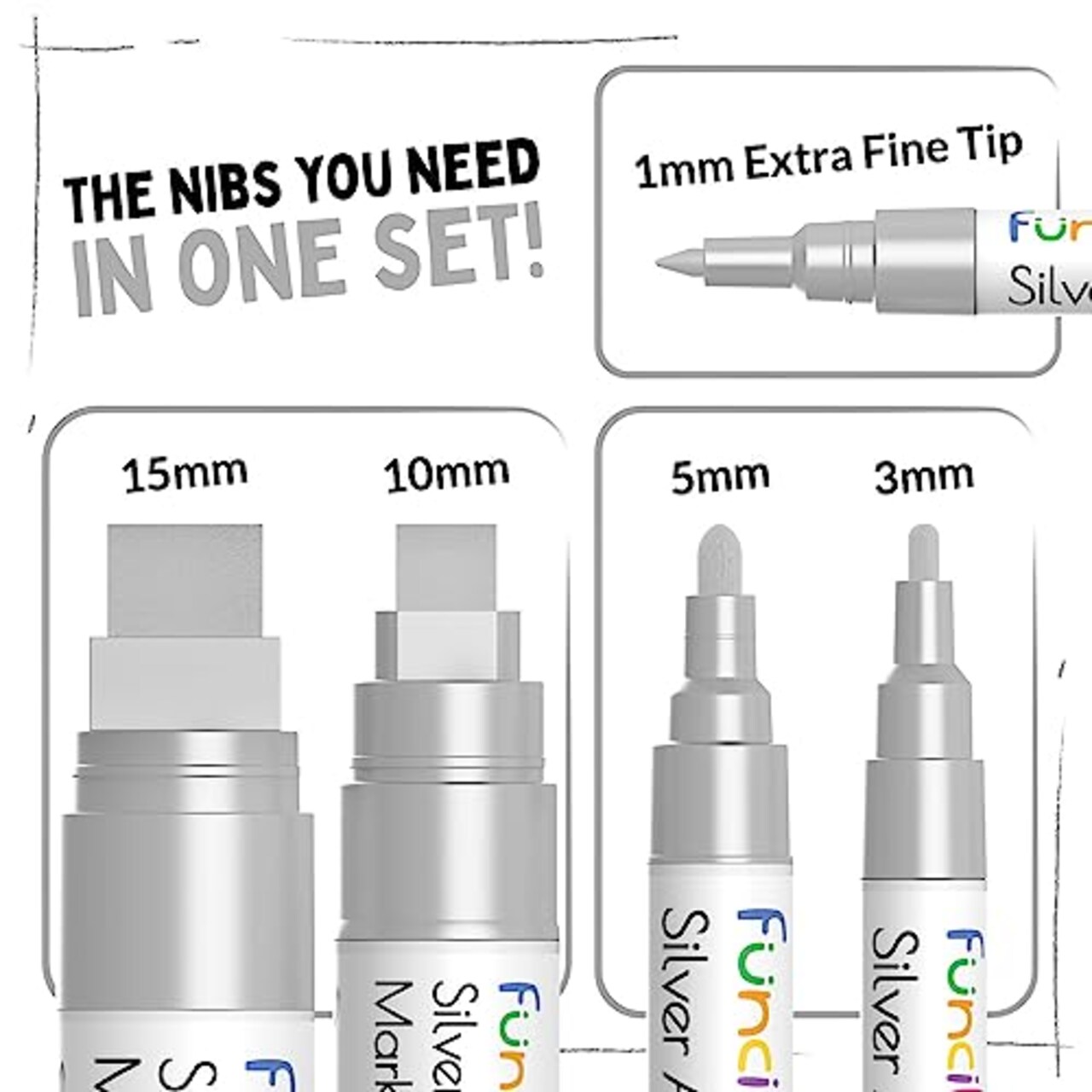 5 Acrylic Silver Paint Pen - Silver Marker Metallic Paint Pens for Fabric, Wood, Canvas, Leaf, Metal, Glass - Silver Paint Pen Fine Tip, Thin Point & Jumbo (1mm, 3mm, 6mm, 10mm, 15mm)